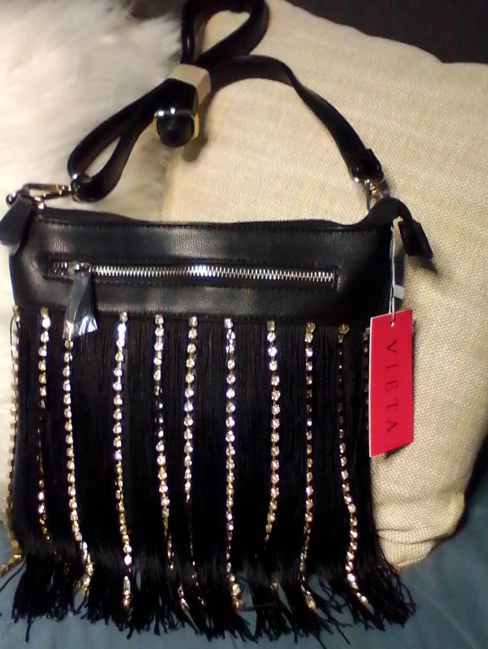 VETTA Black Fringe Crossbody with Gold Rhinestone Strips